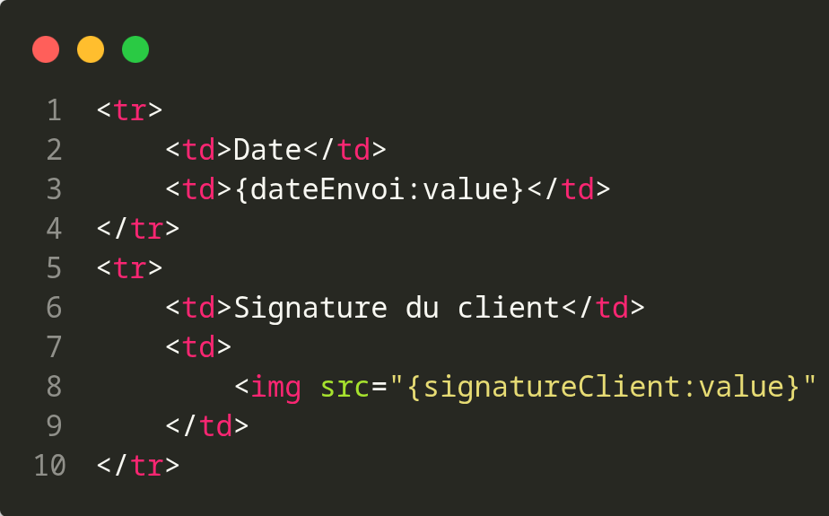 Code HTML pour intégrer la signature dans le document PDF